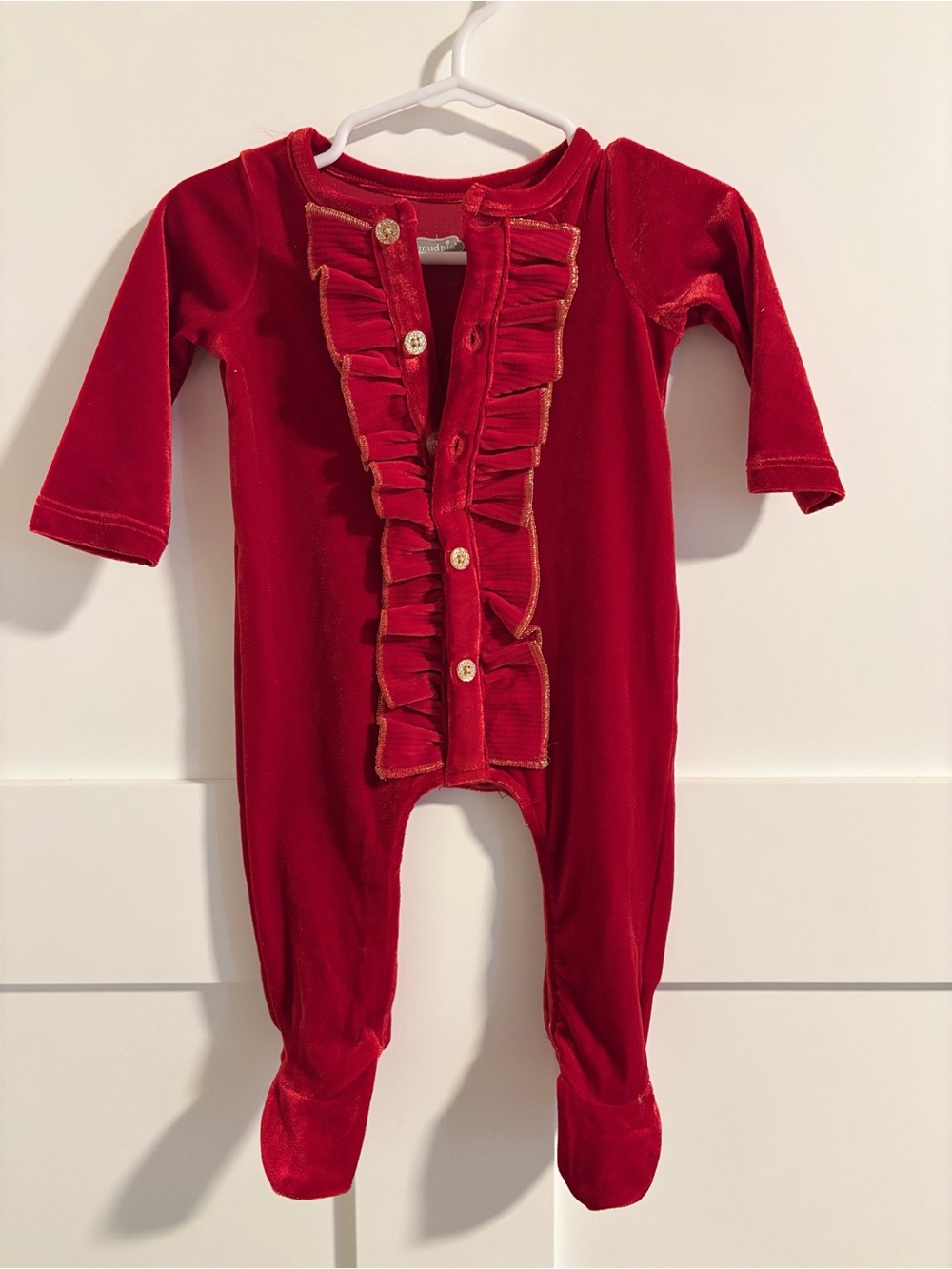 Mud Pie Red Velvet Ruffle Footed One-Piece